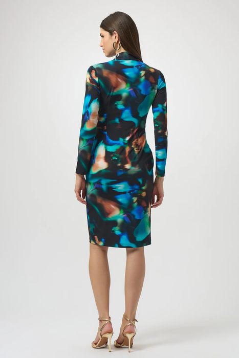 Joseph Ribkoff Black/Multi Abstract Print Faux Wrap Long Sleeves Dress 254070