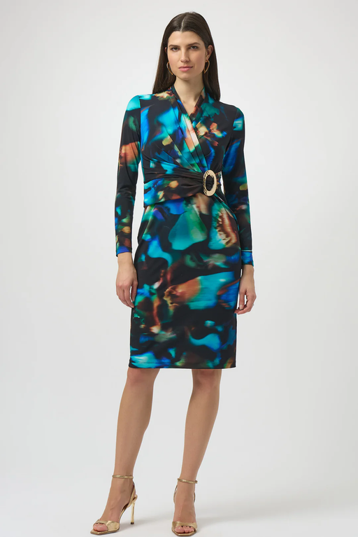 Joseph Ribkoff 254070 Black/Multi Abstract Print Faux Wrap Long Sleeves Dress
