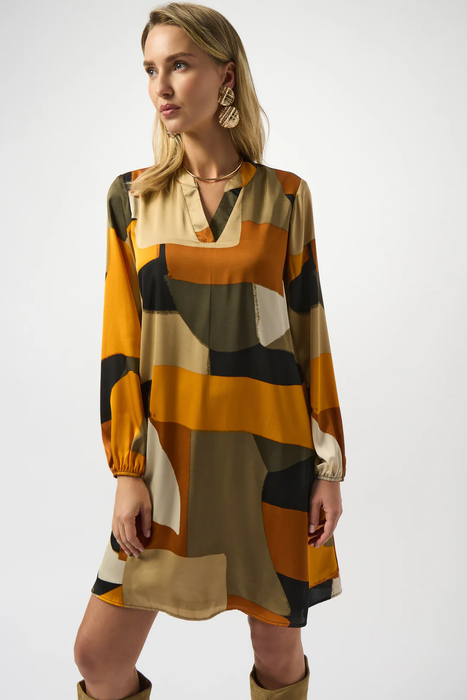 Joseph Ribkoff Black/Multi Geometric Long Sleeve Trapeze Dress 253218