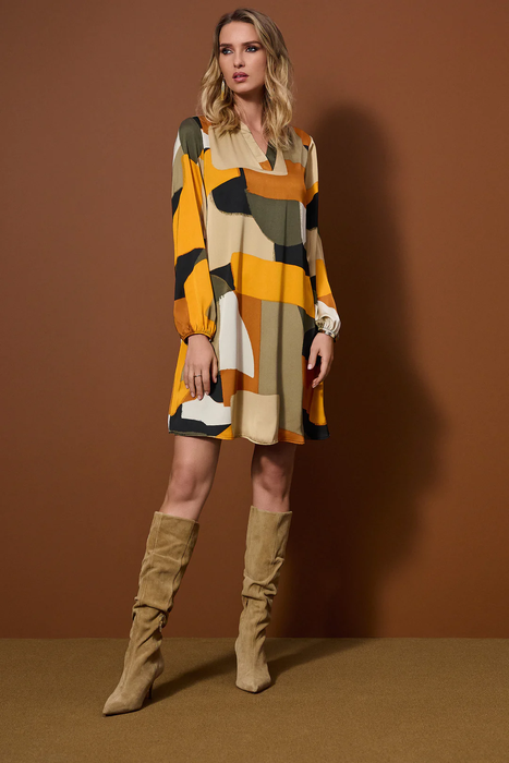 Joseph Ribkoff Black/Multi Geometric Long Sleeve Trapeze Dress 253218