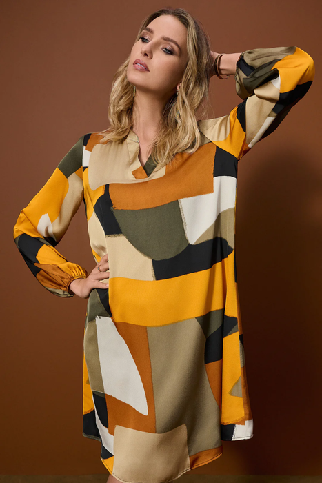 Joseph Ribkoff 253218 Black/Multi Abstract Print Long Sleeve Trapeze Dress