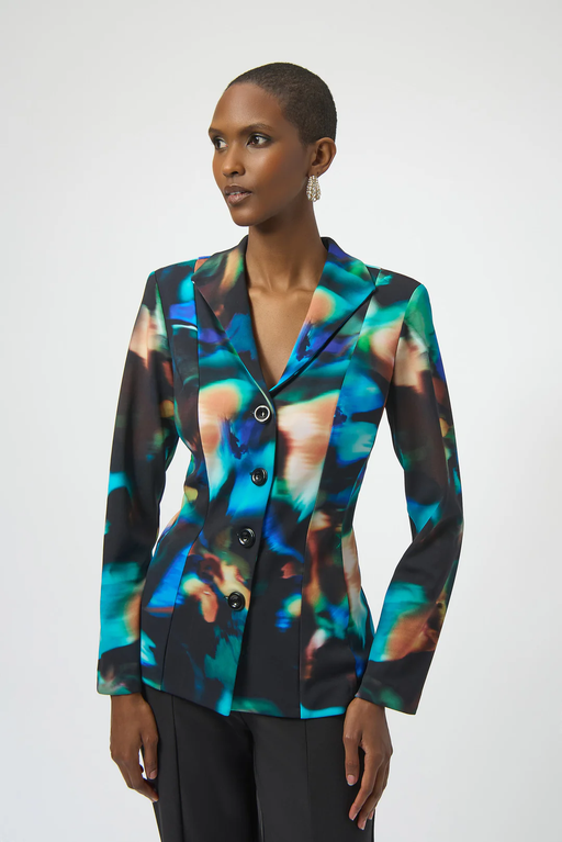 Joseph Ribkoff 254104 Black/Multi Abstract Print Long Sleeves Fitted Blazer