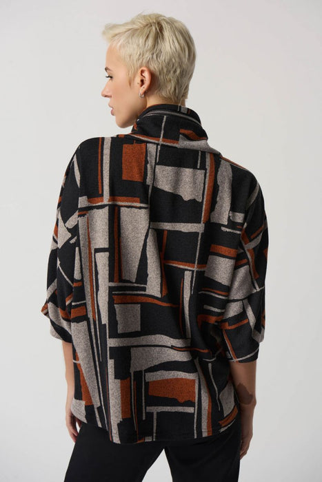Joseph Ribkoff Black/Multi Geometric Print Cowl Neck Sweater Knit Top 233080