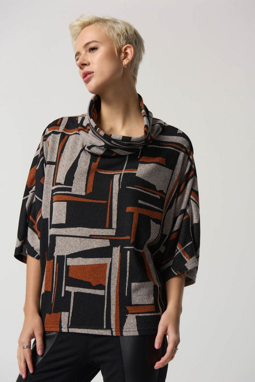 Joseph Ribkoff Style 233080 Black/Multi Geometric Print Cowl Neck Sweater Knit Top