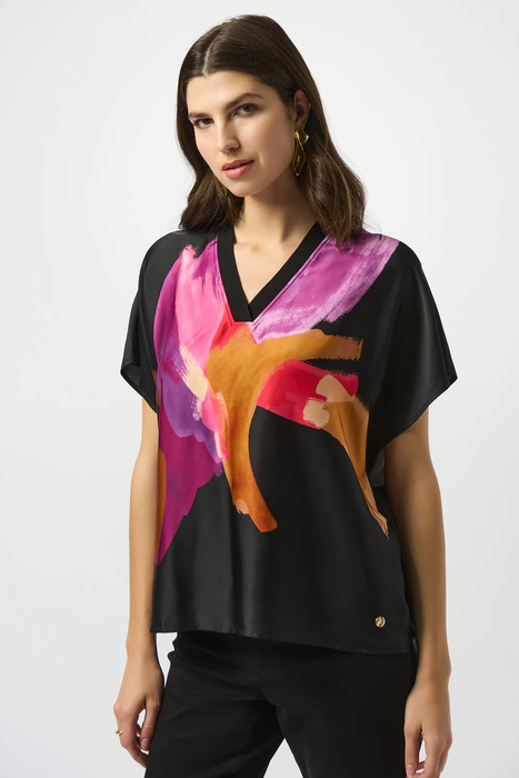 Joseph Ribkoff 253922 Black/Multi Abstract Print Short Sleeve Boxy Top