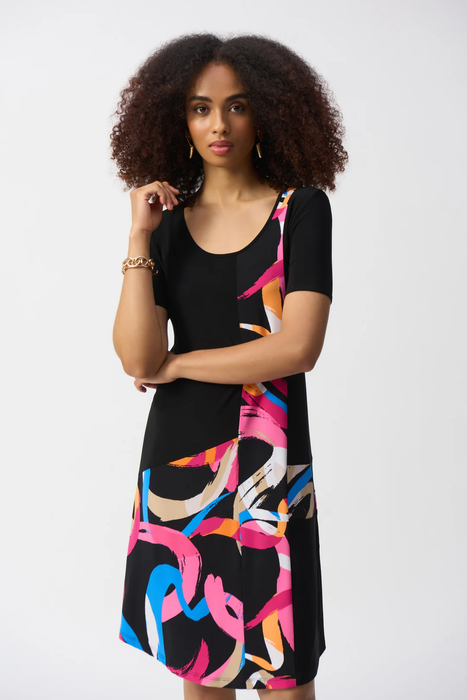 Joseph Ribkoff Black/Multi Abstract Print Short Sleeve Trapeze Dress 251203