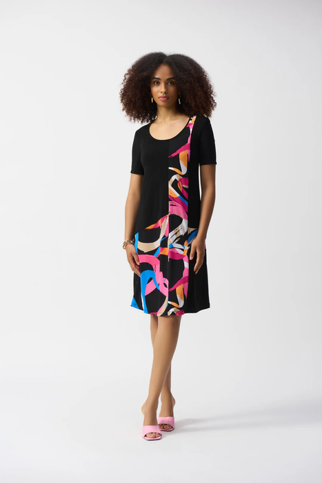 Joseph Ribkoff 251203 Black/Multi Abstract Print Short Sleeve Trapeze Dress