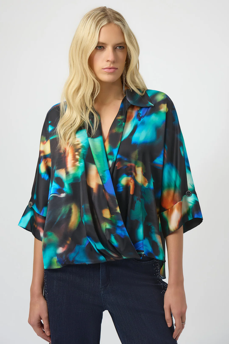 Joseph Ribkoff 254097 Black/Multi Abstract Print V-Neck Satin Top
