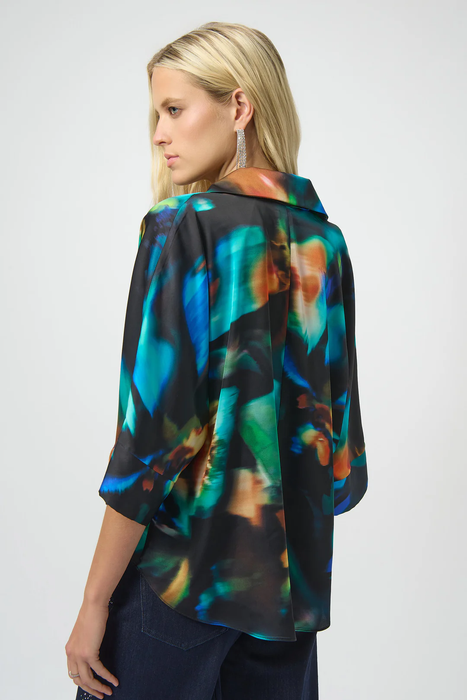 Joseph Ribkoff Black/Multi Abstract Print V-Neck Satin Top 254097