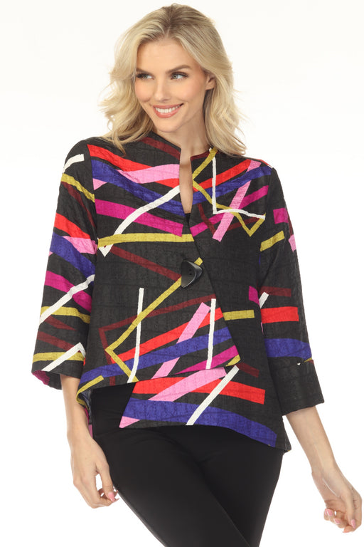 Woman wearing a colorful abstract patterned textured jacket with 3/4 sleeves from Joseph Ribkoff
