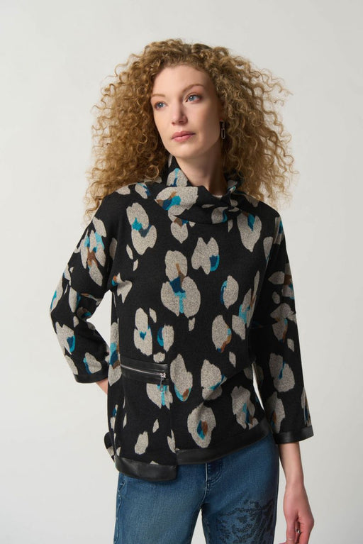 Joseph Ribkoff Style 233112 Black/Multi Animal Print Faux Leather Trim Sweater Top