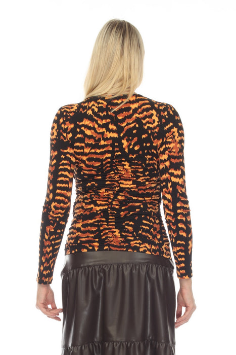 Joseph Ribkoff Black/Multi Animal Print Ruched V-Neck Long Sleeve Fitted Top 234136