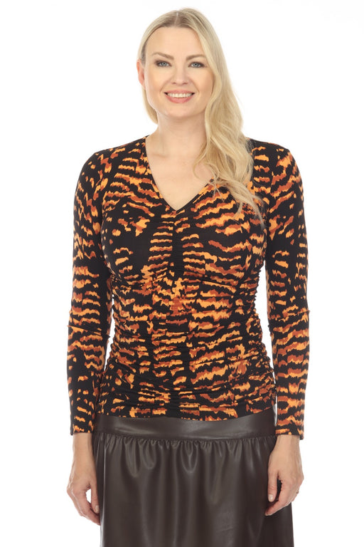 Joseph Ribkoff Style 234136 Black/Multi Animal Print Ruched V-Neck Long Sleeve Fitted Top
