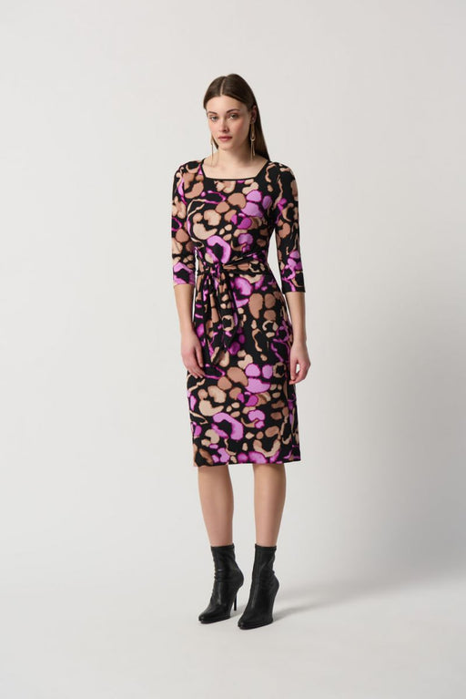 Joseph Ribkoff Style 234291 Black/Multi Animal Print Waist-Tie 3/4 Sleeve Sheath Dress