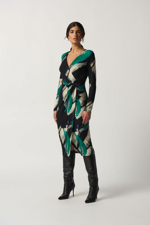 Joseph Ribkoff Style 233127 Black/Multi Brushstroke Print Faux Wrap Midi Dress