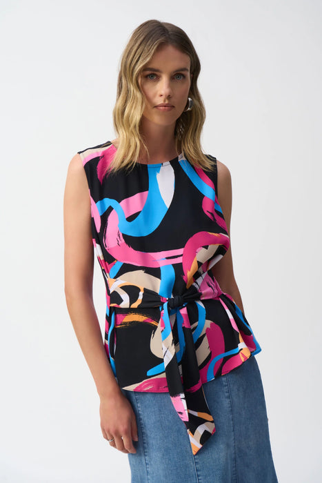 Joseph Ribkoff Black/Multi Brushstroke Print Waist Sash Sleeveless Top 251170