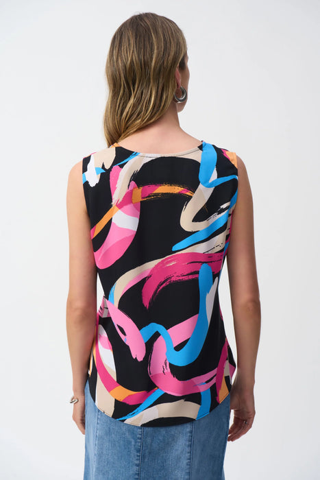 Joseph Ribkoff Black/Multi Brushstroke Print Waist Sash Sleeveless Top 251170