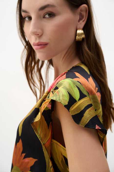 Joseph Ribkoff Black/Multi Butterfly Sleeves Tropical Satin Top 262087