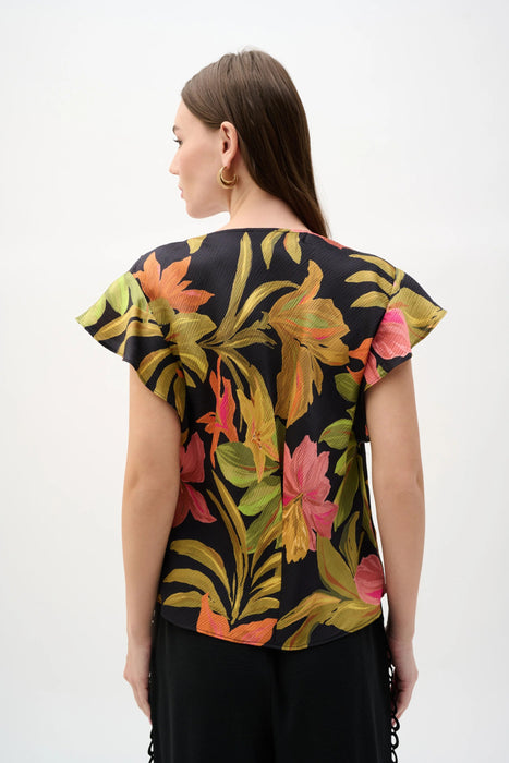 Joseph Ribkoff Black/Multi Butterfly Sleeves Tropical Satin Top 262087