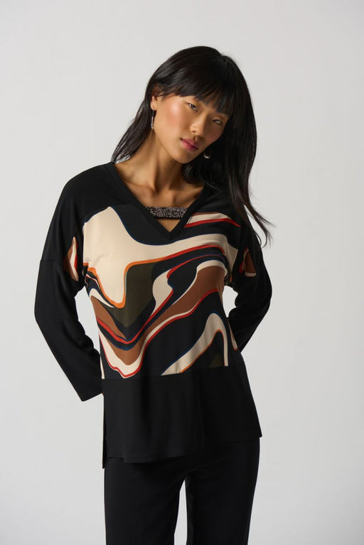 Joseph Ribkoff Style 233116 Black/Multi Embellished Wave Print Long Sleeve Top