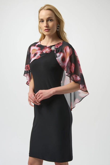 Joseph Ribkoff Black/Multi Floral Chiffon Cape Overlay Dress 254164