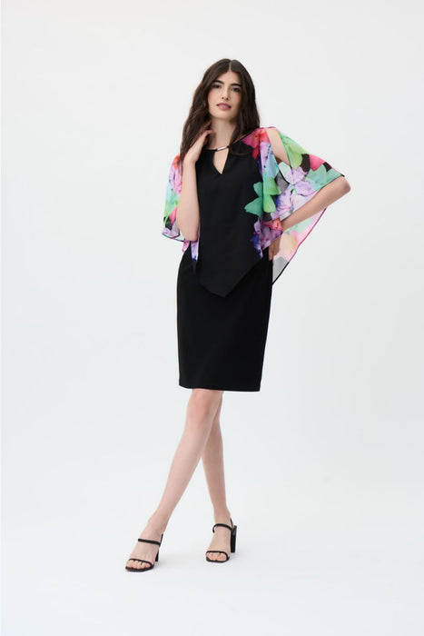 Joseph Ribkoff Style 231107 Black/Multi Floral Chiffon Overlay Cold Shoulder Sheath Dress