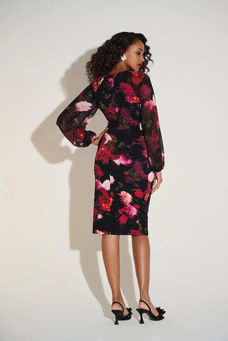 Joseph Ribkoff Black/Multi Floral Chiffon Puff Sleeve Sheath Dress 253791