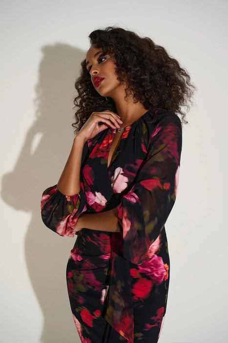 Joseph Ribkoff Black/Multi Floral Chiffon Puff Sleeve Sheath Dress 253791