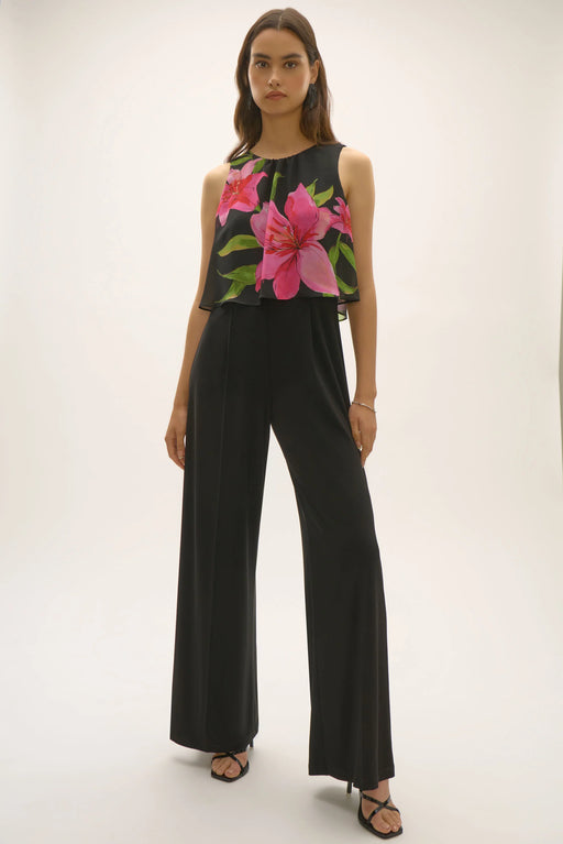Joseph Ribkoff Style 252704 Black/Multi Floral Chiffon Wide Leg Jumpsuit