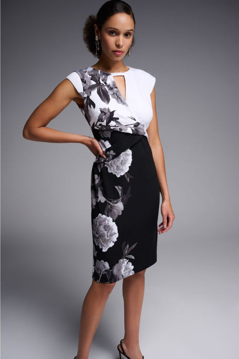 Joseph Ribkoff Black/Multi Floral Color Block Cap Sleeve Sheath Dress 231752