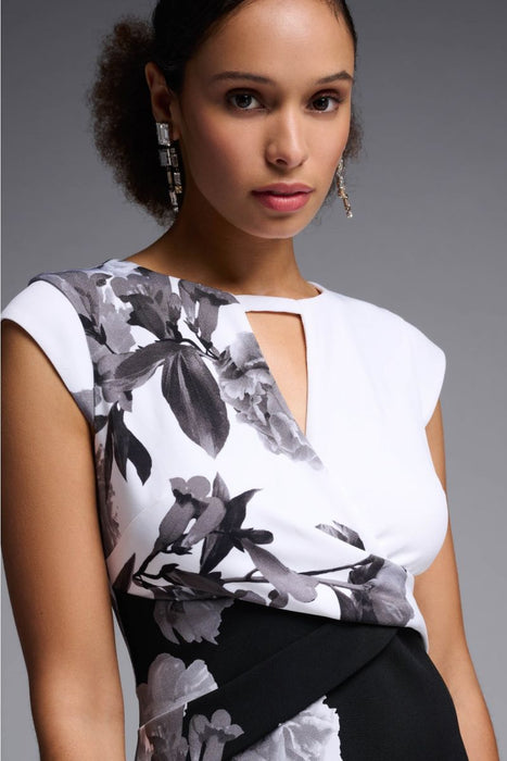 Joseph Ribkoff Black/Multi Floral Color Block Cap Sleeve Sheath Dress 231752