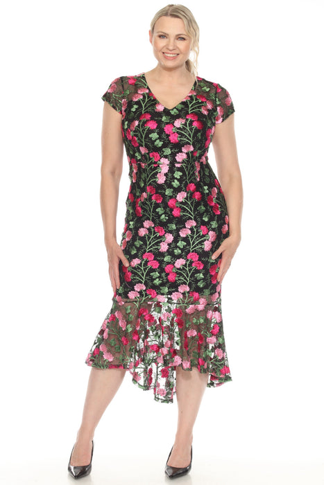 Joseph Ribkoff Style 251762 Black/Multi Floral Embroidered Mesh Midi Trumpet Dress