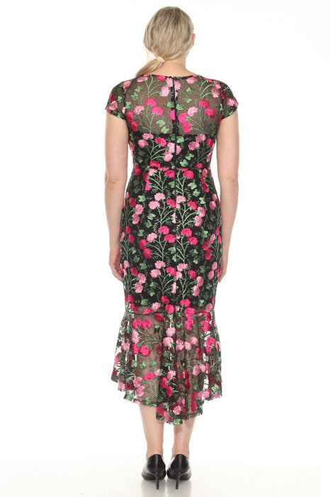 Joseph Ribkoff Black/Multi Floral Embroidered Mesh Midi Trumpet Dress 251762