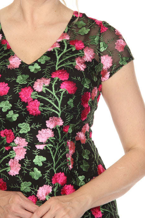 Joseph Ribkoff Black/Multi Floral Embroidered Mesh Midi Trumpet Dress 251762
