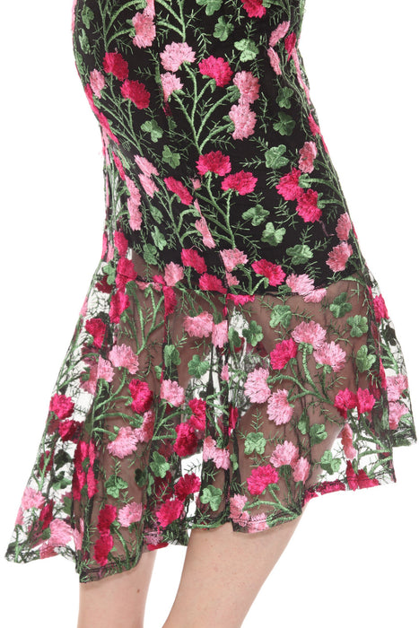 Joseph Ribkoff Black/Multi Floral Embroidered Mesh Midi Trumpet Dress 251762