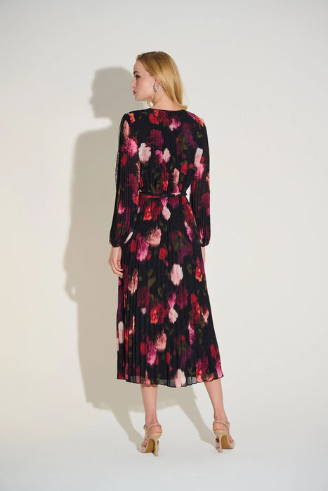 Joseph Ribkoff Black/Multi Floral Pleated Chiffon Midi Wrap Dress 253774
