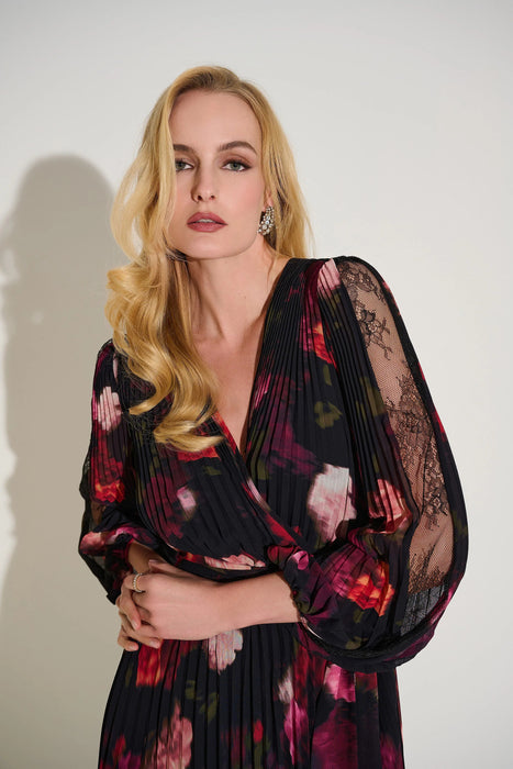 Joseph Ribkoff Black/Multi Floral Pleated Chiffon Midi Wrap Dress 253774