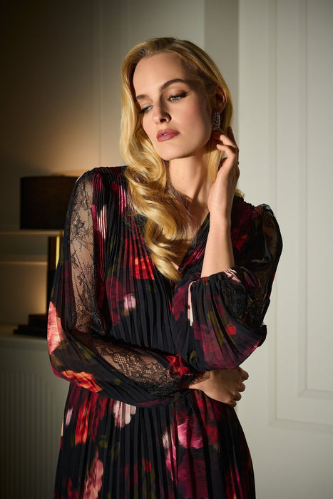 Joseph Ribkoff Black/Multi Floral Pleated Chiffon Midi Wrap Dress 253774