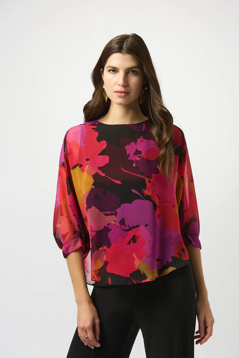 Joseph Ribkoff 253257 Black/Multi Floral Print 3/4 Sleeves Chiffon Top