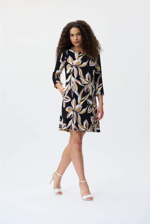 Joseph Ribkoff Style 231037 Black/Multi Floral Print 3/4 Sleeves Mini Dress