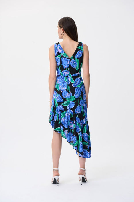 Joseph Ribkoff Black/Multi Floral Print Asymmetric Ruffled Hem Sleeveless Dress 231185