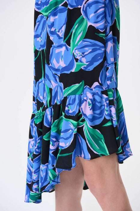 Joseph Ribkoff Black/Multi Floral Print Asymmetric Ruffled Hem Sleeveless Dress 231185
