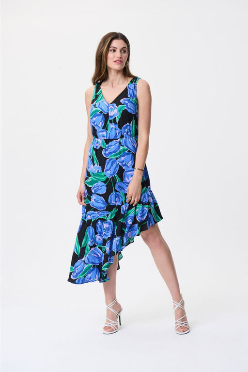 Joseph Ribkoff Style 231185 Black/Multi Floral Print Asymmetric Ruffled Hem Sleeveless Dress