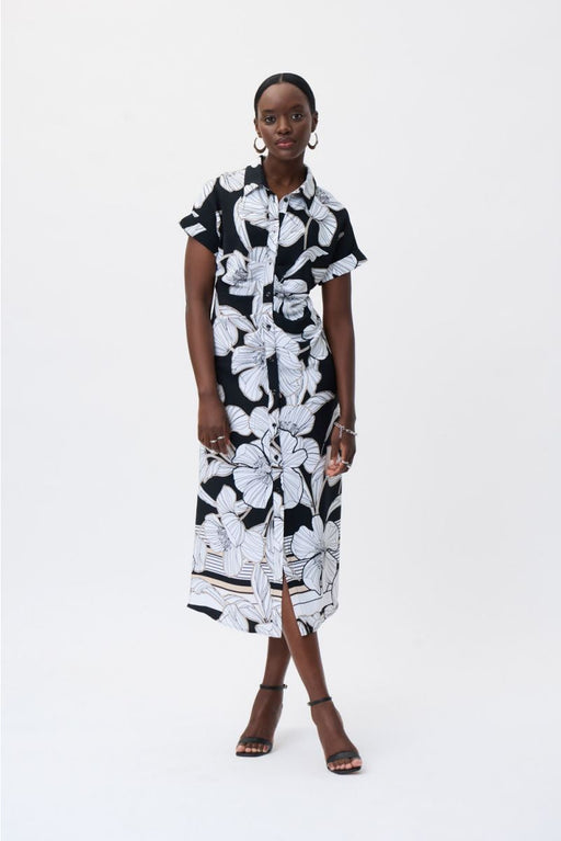 Joseph Ribkoff Style 231061 Black/Multi Floral Print Button-Down Midi Shirt Dress