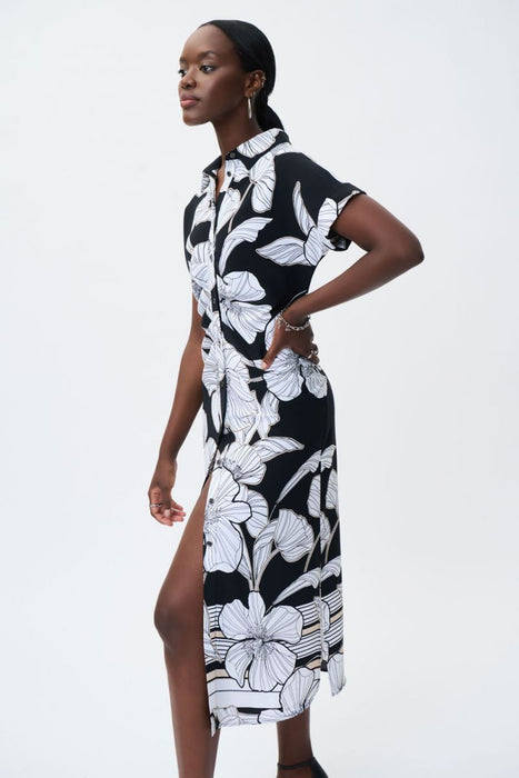 Joseph Ribkoff Black/Multi Floral Print Button-Down Midi Shirt Dress 231061