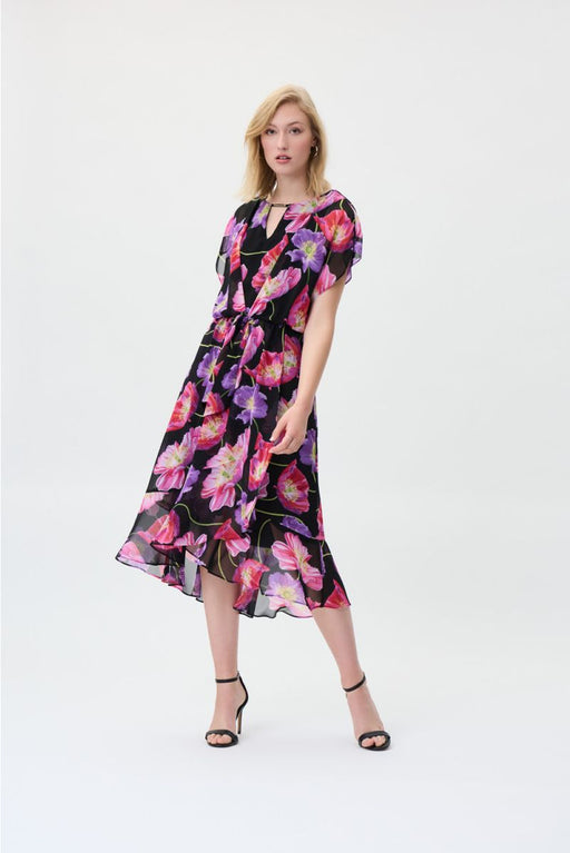 Joseph Ribkoff Style 231106 Black/Multi Floral Print Chiffon Hi-Low Midi Dress
