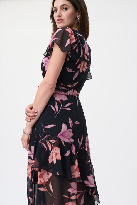 Joseph Ribkoff Black/Multi Floral Print Chiffon Wrap Midi Dress 231255