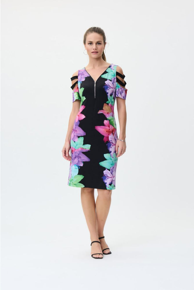 Joseph Ribkoff Style 231226 Black/Multi Floral Print Cold Shoulder Sheath Dress