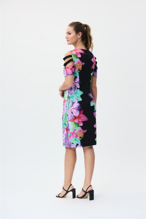 Joseph Ribkoff Black/Multi Floral Print Cold Shoulder Sheath Dress 231226 NEW