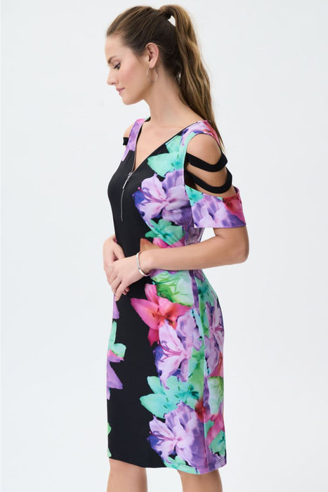 Joseph Ribkoff Black/Multi Floral Print Cold Shoulder Sheath Dress 231226 NEW